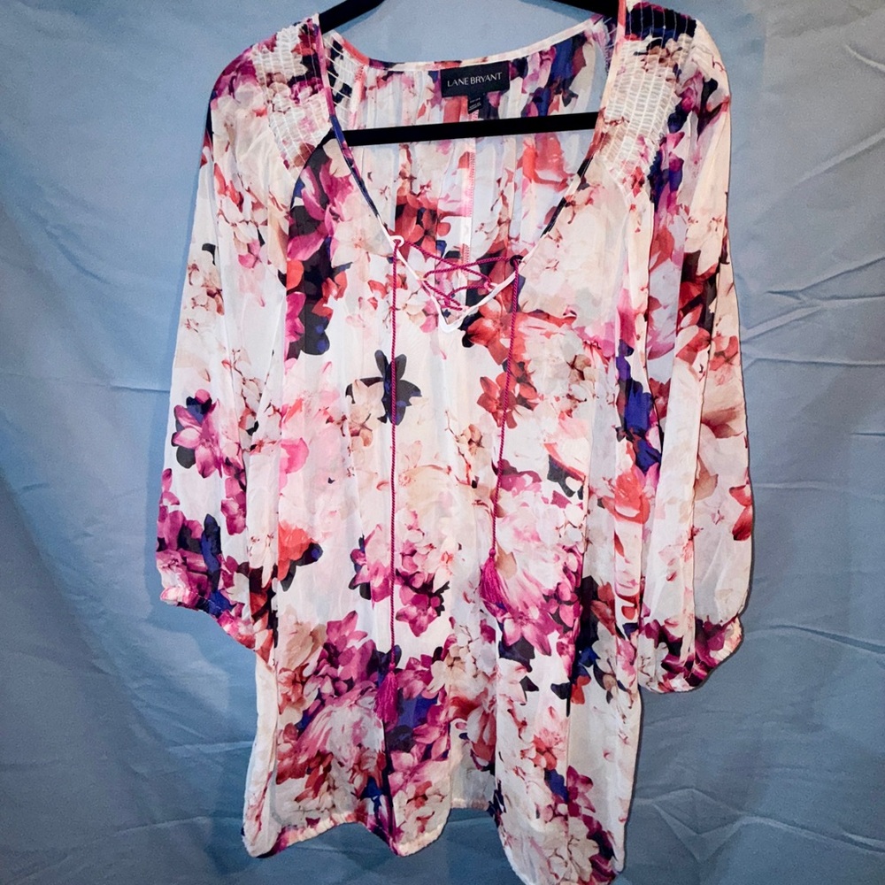 Lane Bryant Floral Blouse - Pink w/ lace up front